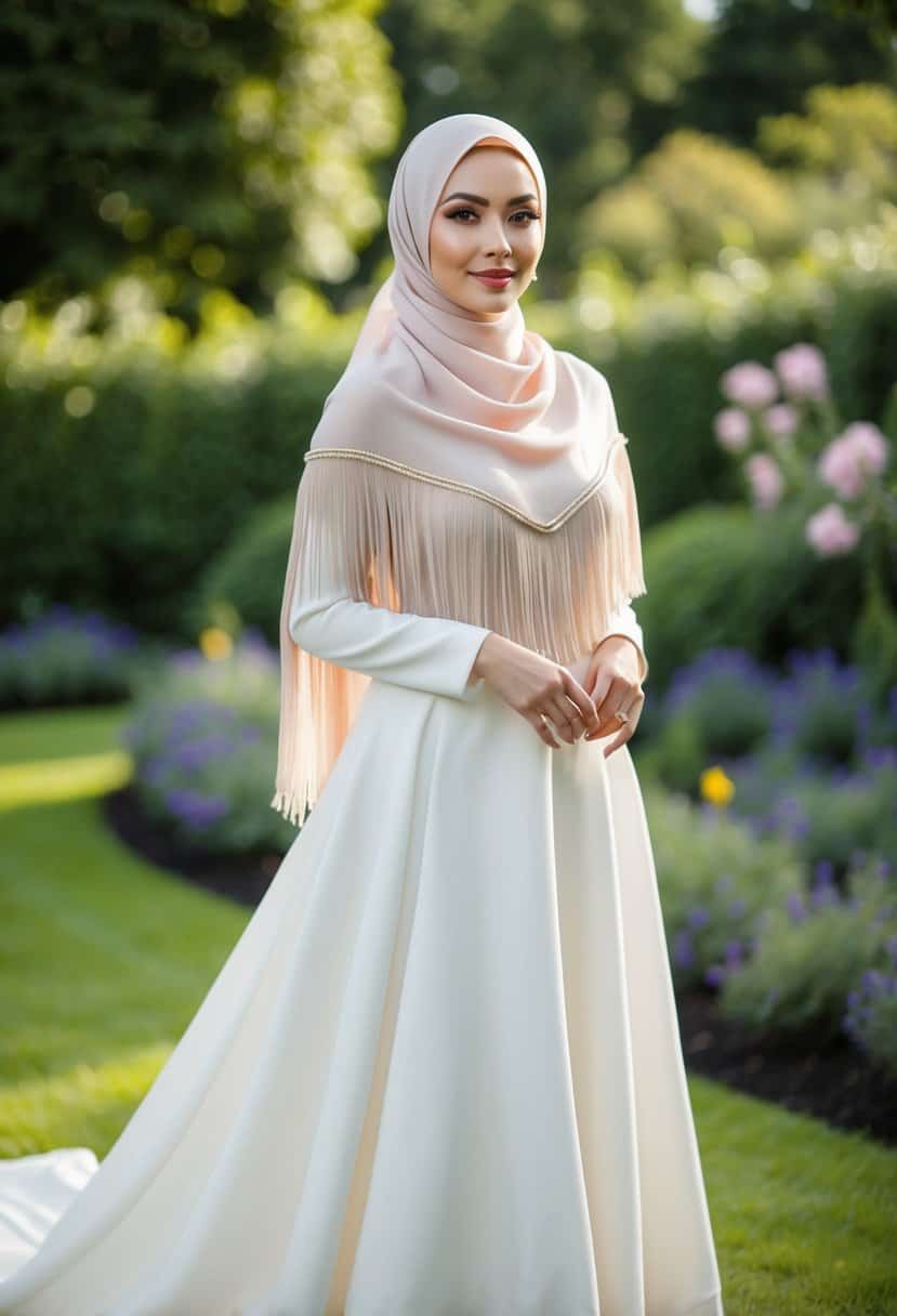 A bride in a delicate fringe hijab stands in a garden, her dress flowing in the breeze