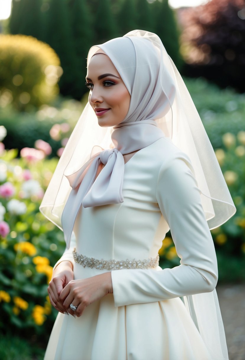 A bride wearing a flowing organza bow hijab, standing in a garden with flowers and greenery in the background