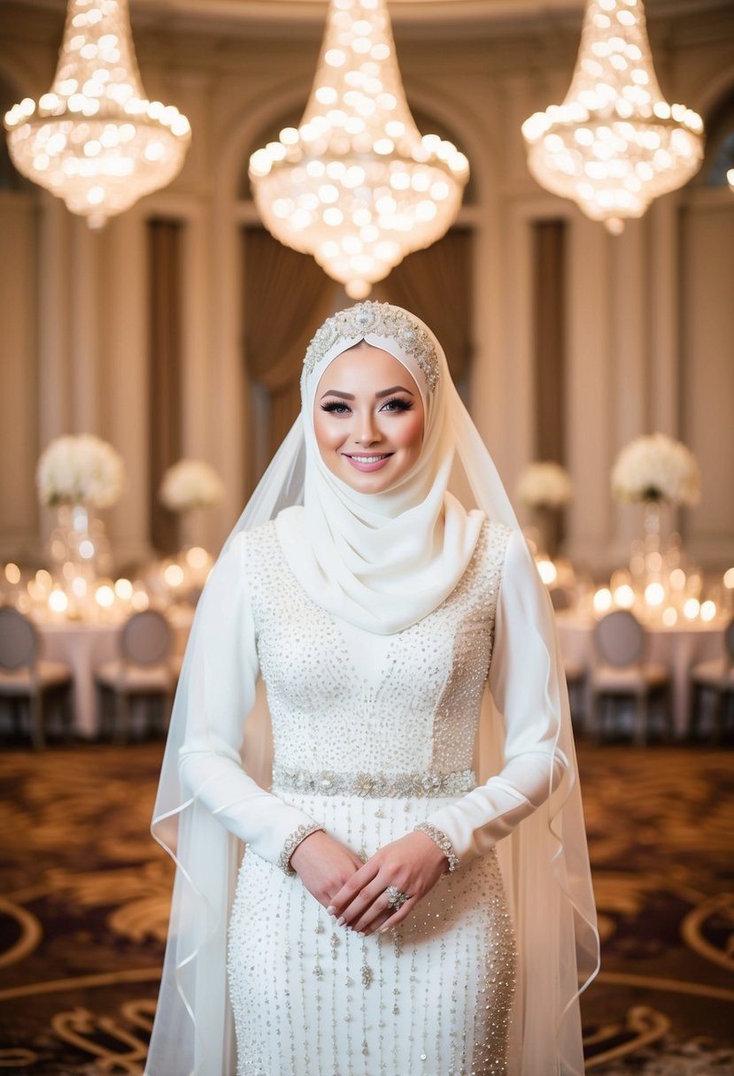 A bride in a rhinestone-crested hijab stands in a grand ballroom, surrounded by opulent decor and soft, romantic lighting