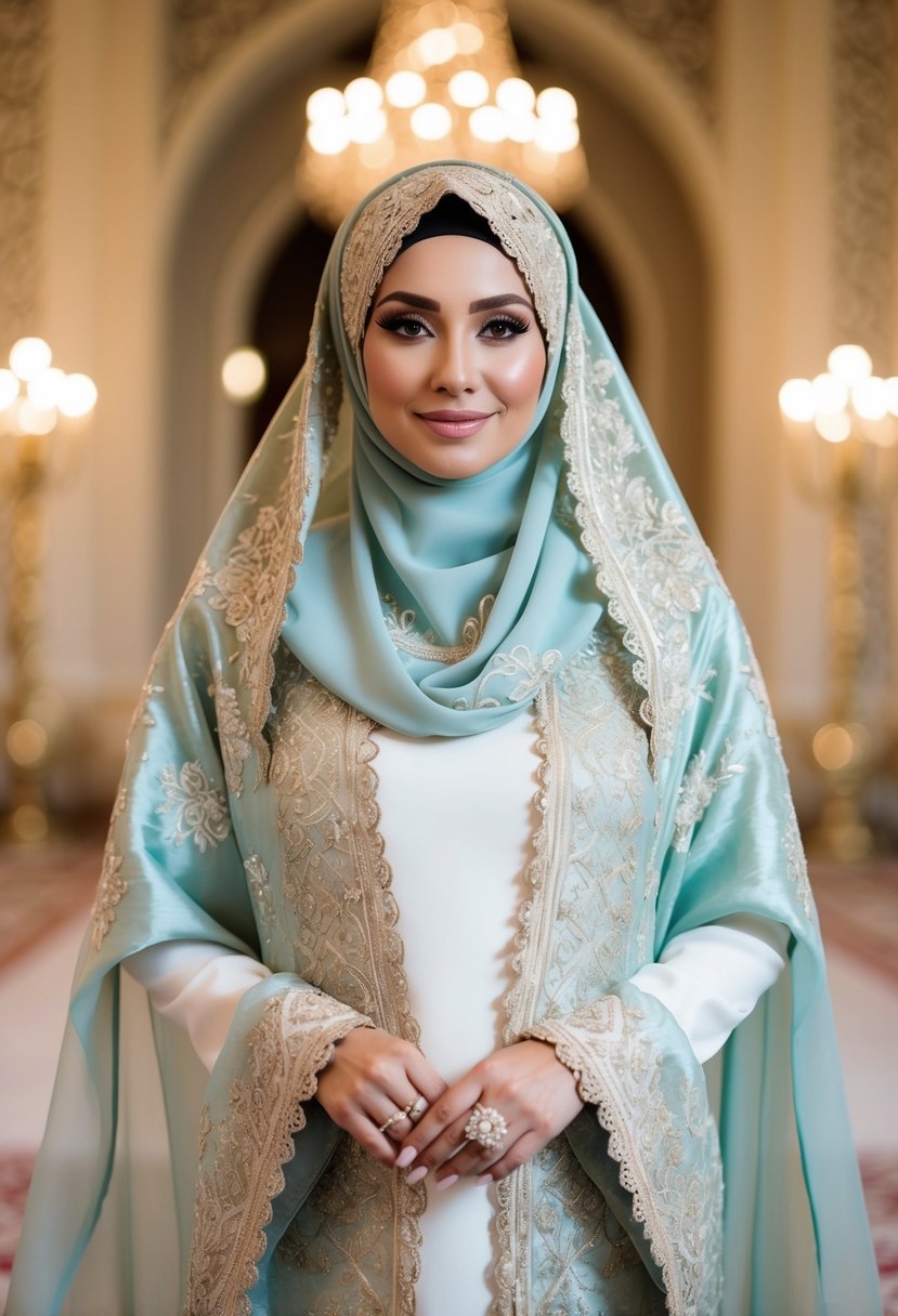 A bride wearing a traditional brocade hijab, with intricate patterns and delicate embroidery, standing in a grand and opulent wedding setting