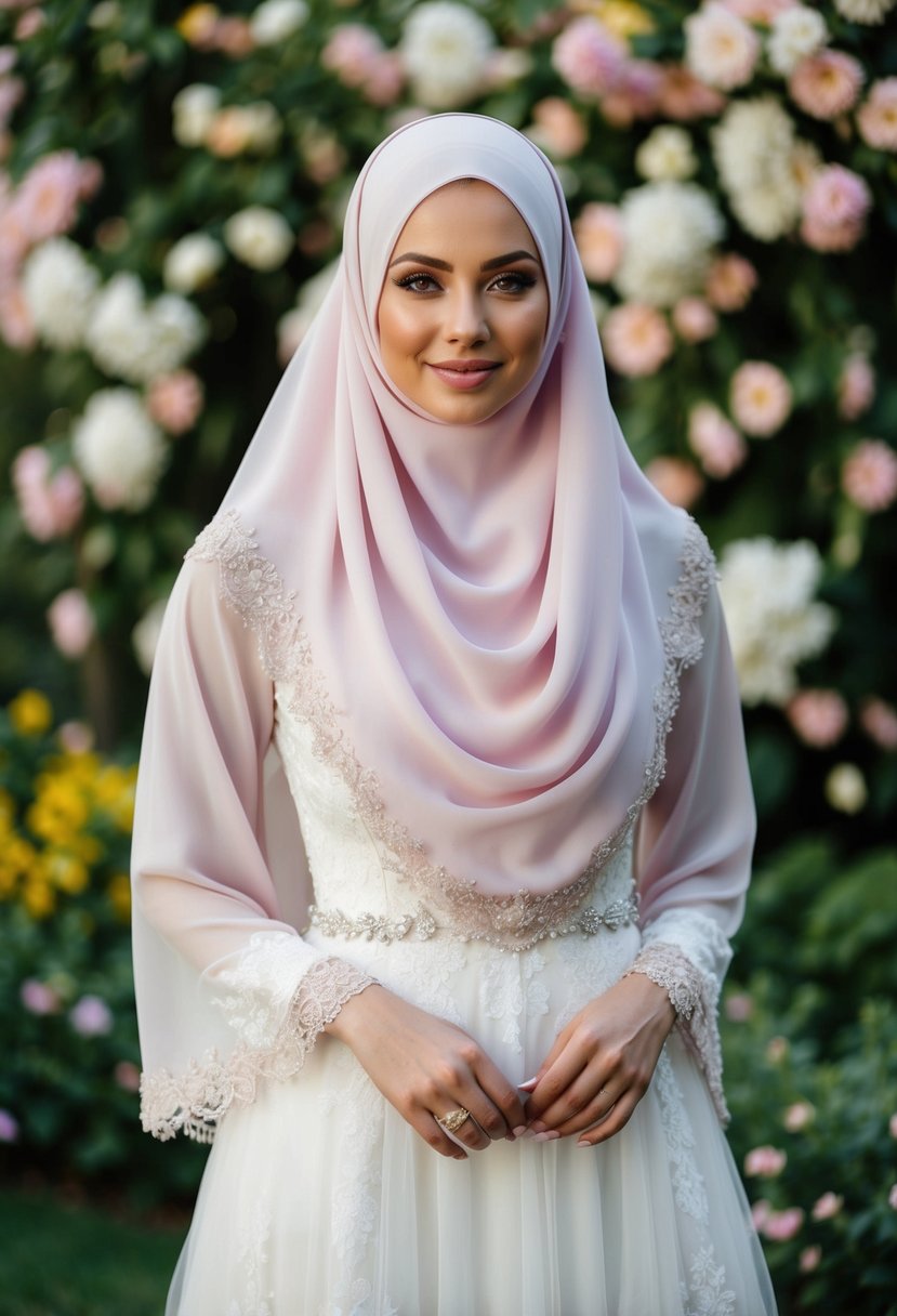 A soft pastel hijab drapes over a flowing wedding dress, adorned with delicate lace and intricate beading, set against a backdrop of blooming flowers and lush greenery