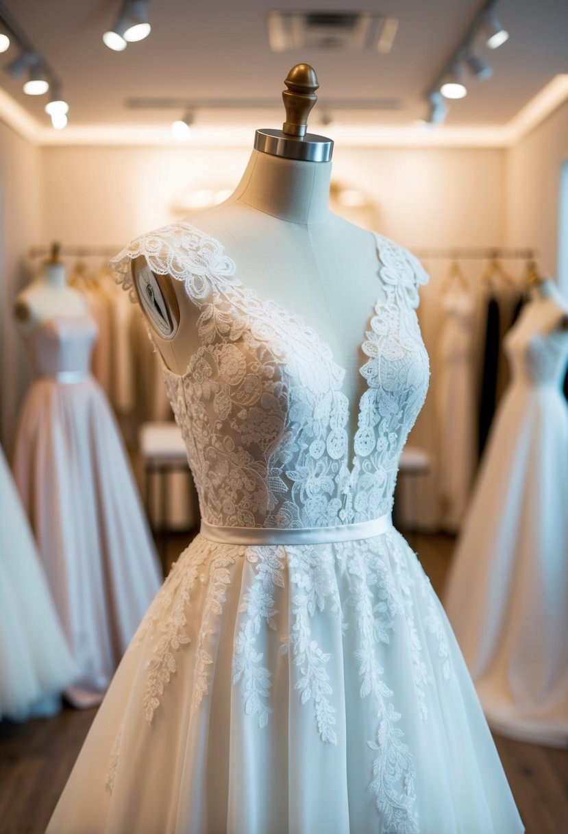 An elegant lace cap-sleeve a-line wedding dress displayed on a mannequin in a softly lit bridal boutique