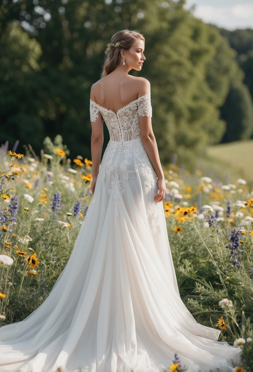 A flowing off-shoulder wedding dress with intricate lace details, surrounded by wildflowers and draped fabric