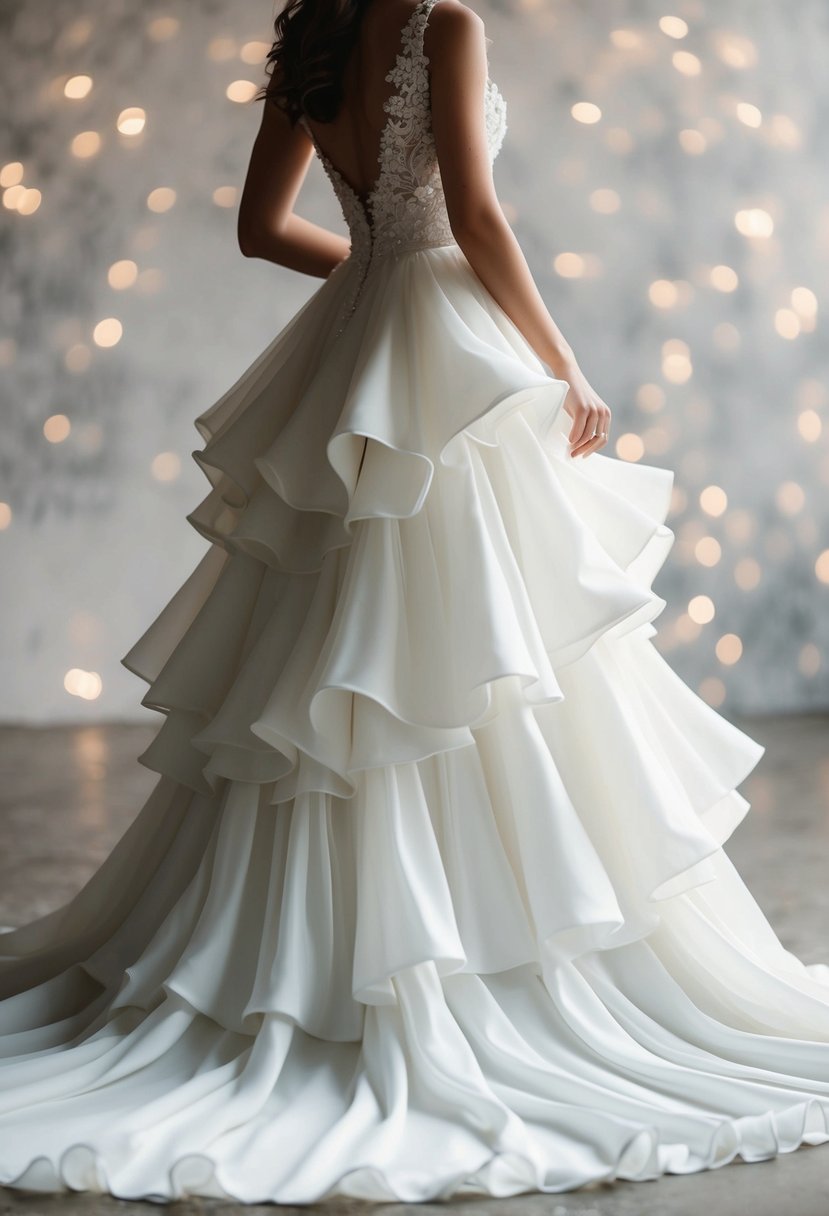 A flowing ruffled skirt cascades down a bride's silhouette, creating a romantic and elegant A-line wedding dress