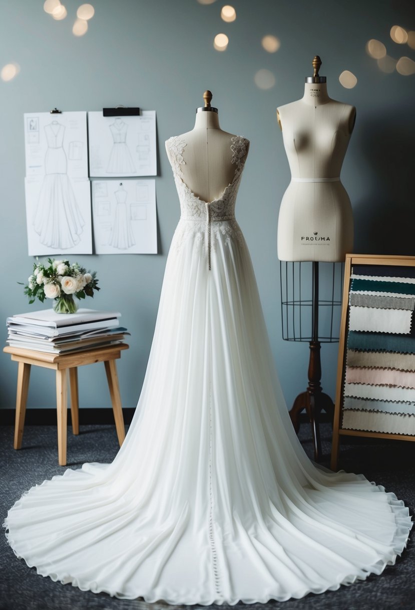 A flowing high-low hem wedding dress on a mannequin, surrounded by sketches and fabric swatches