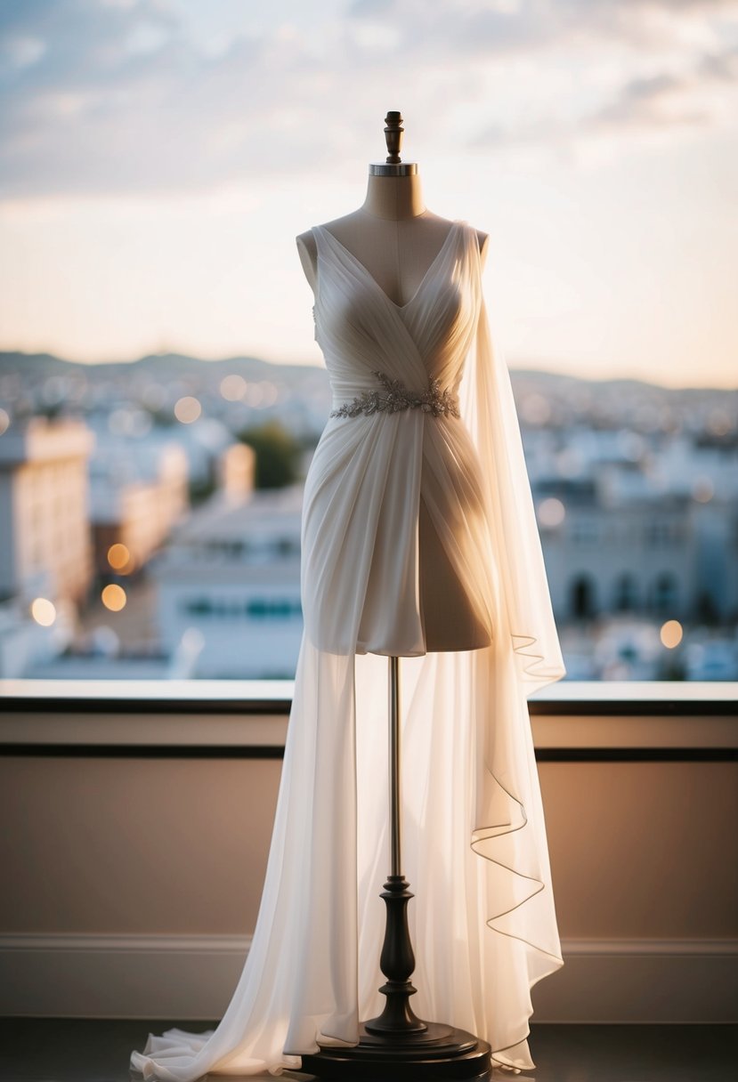 A flowing Grecian-inspired wedding dress draping from a mannequin on a pedestal, with soft, ethereal fabric and delicate detailing