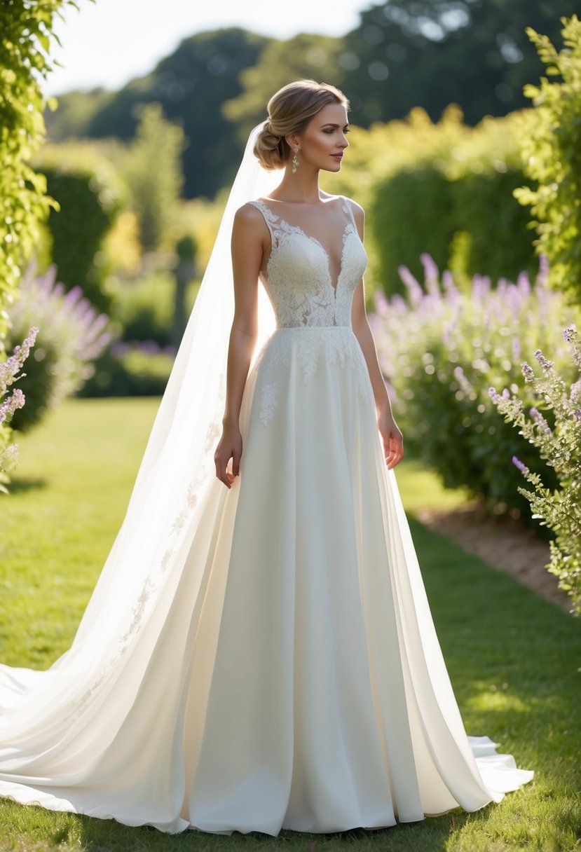 A bride standing in a sunlit garden, wearing a flowing A-line wedding dress with delicate lace details and a long train trailing behind her