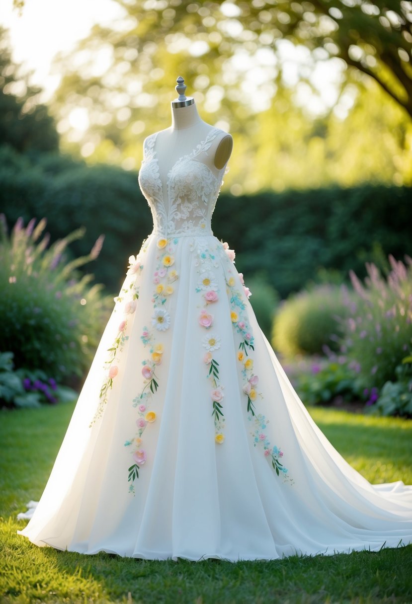 A flowing wedding dress adorned with whimsical floral appliqué, set against a garden backdrop with soft sunlight filtering through the trees