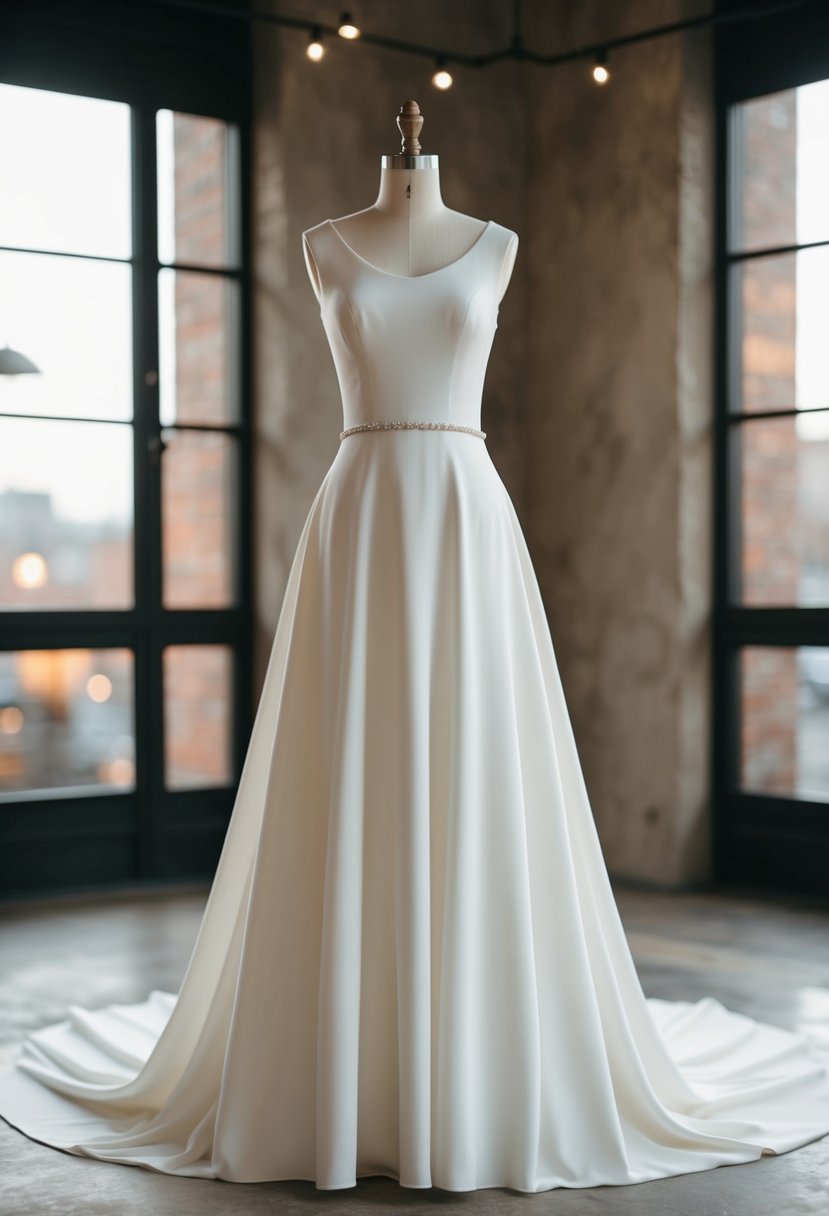 A simple, flowing A-line wedding dress in minimalist crepe fabric, with a clean silhouette and subtle detailing