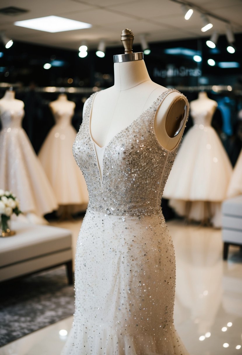 A sparkling, sequin-embellished A-line wedding dress on a mannequin in a luxurious bridal boutique