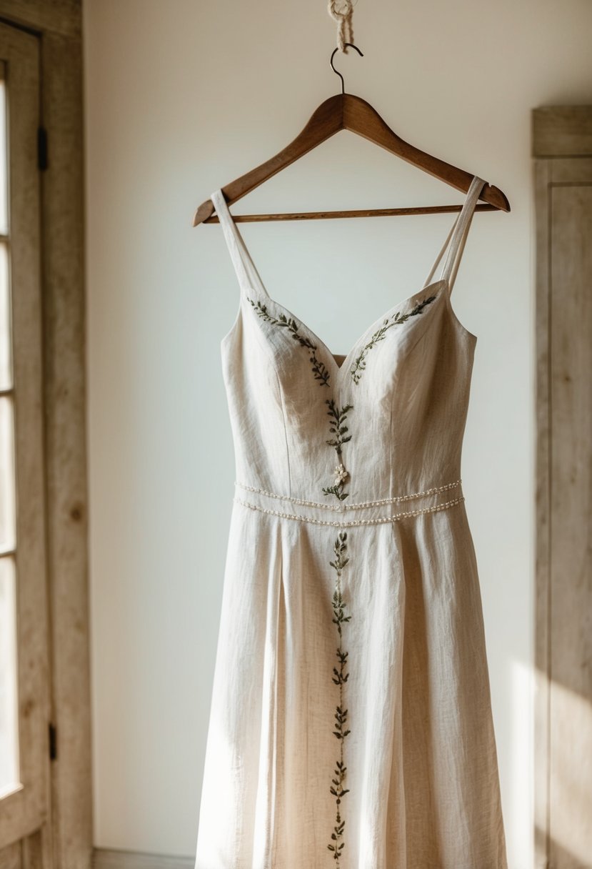 A rustic linen wedding dress with delicate embroidery, hanging on a vintage wooden hanger in a sunlit room