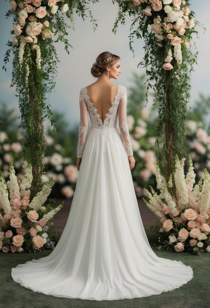 A flowing, elegant wedding dress with intricate lace detailing and delicate long sleeves, set against a romantic backdrop of blooming flowers and cascading greenery