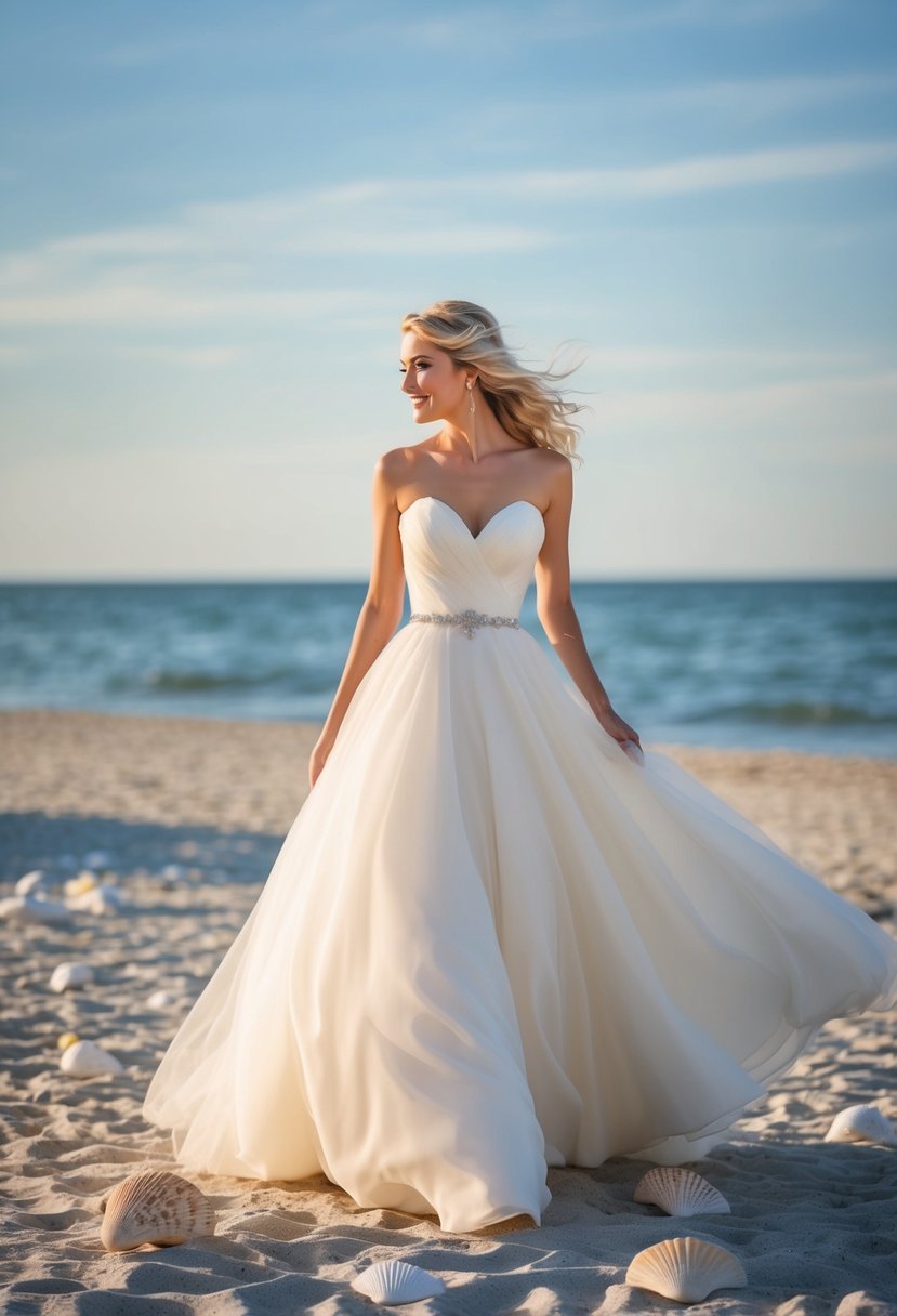 A flowing, strapless A-line wedding dress blowing in the breeze on a sandy beach with seashells scattered around