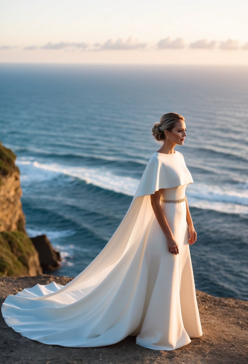 A bride stands on a cliff overlooking the ocean, her cape-style gown billowing in the wind as the sun sets behind her