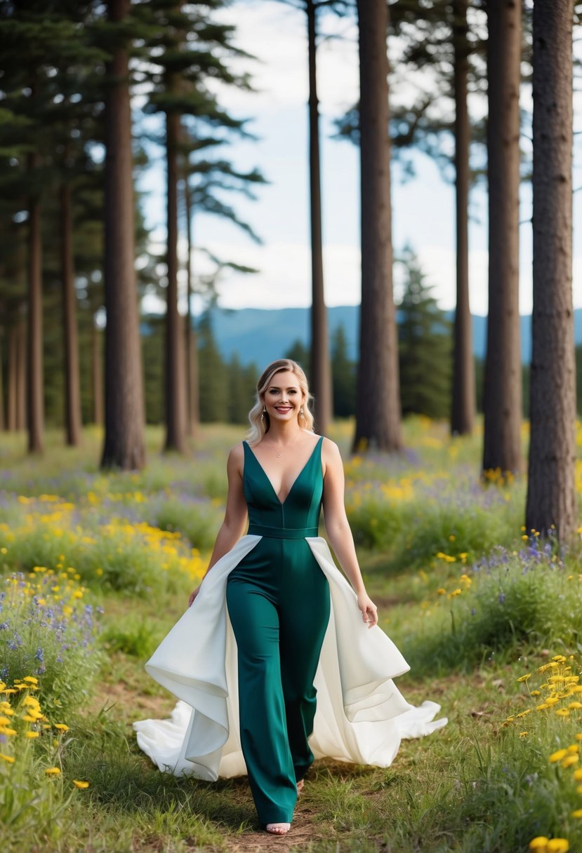 A bride in a jumpsuit with a flowing train walks through a forest clearing, surrounded by tall trees and wildflowers