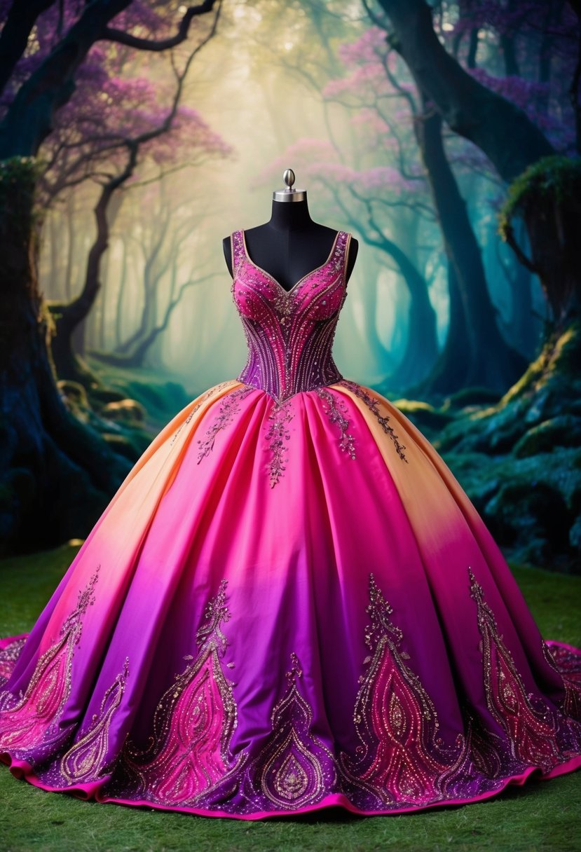 A vibrant, flowing ball gown in shades of pink, purple, and gold, adorned with intricate beading and embroidery, set against a backdrop of a mystical forest