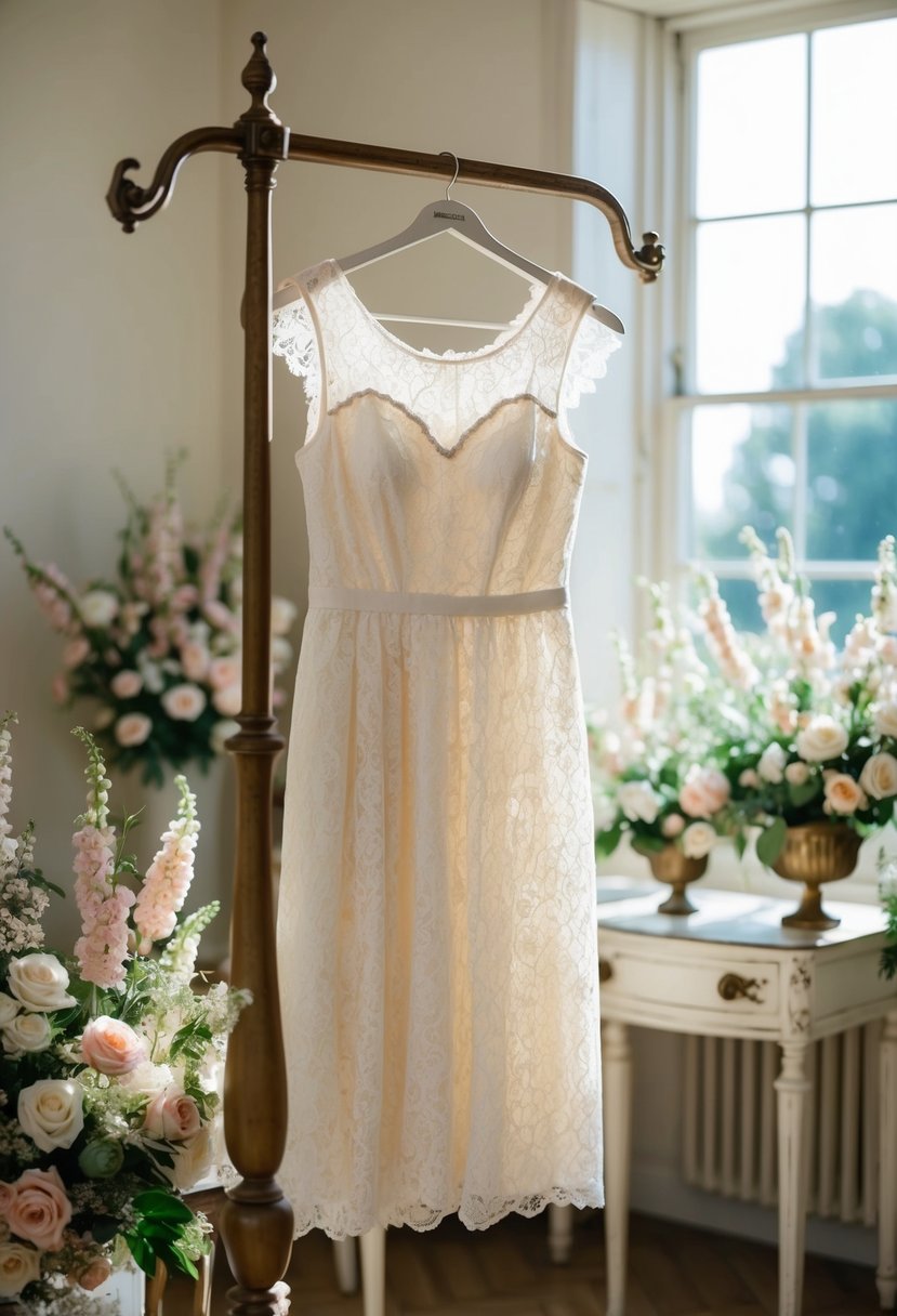 A short lace dress hangs on a vintage coat rack in a sunlit room, surrounded by delicate floral arrangements and antique furniture