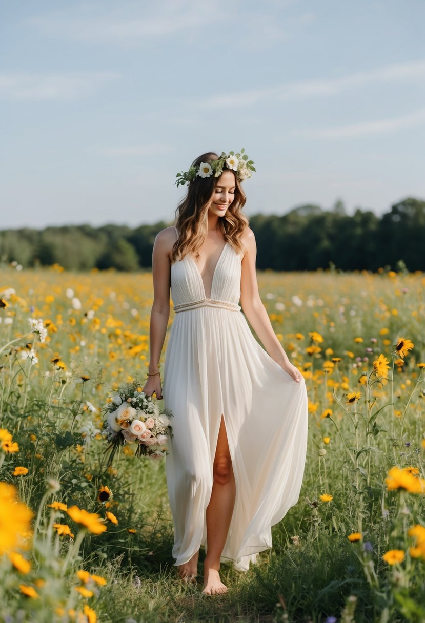 A bride in a flowing bohemian maxi dress stands barefoot in a field of wildflowers, with a crown of fresh blooms in her hair