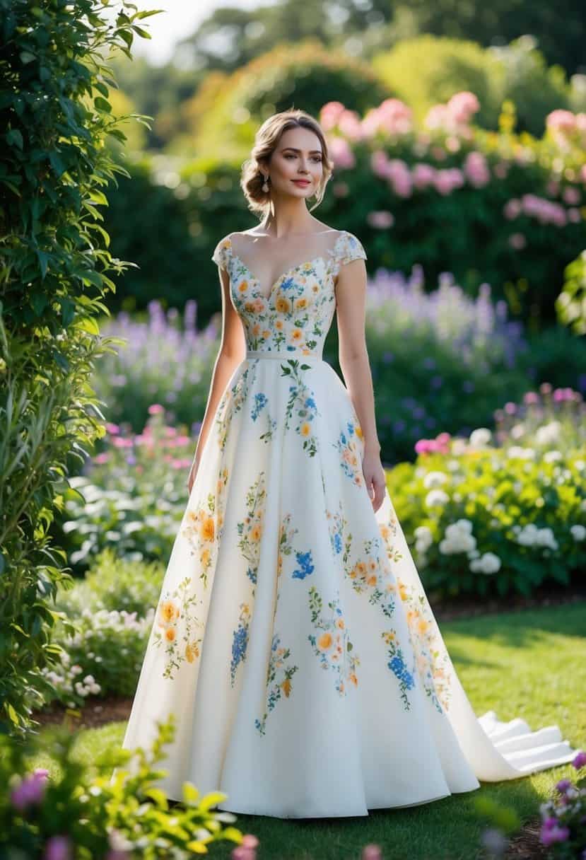 A bride stands in a garden wearing a tea-length floral wedding dress, surrounded by blooming flowers and greenery