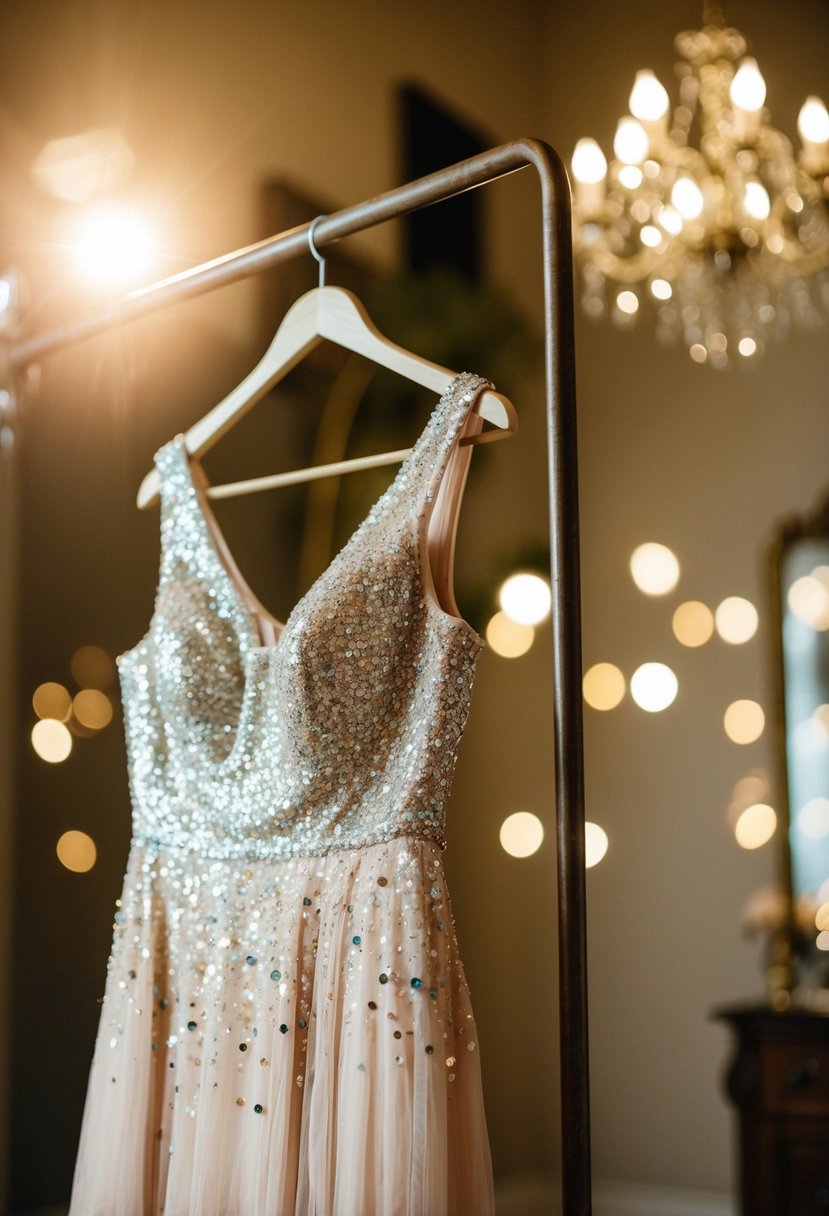 A sparkling sequin embellished dress hanging on a vintage coat rack, surrounded by soft, romantic lighting