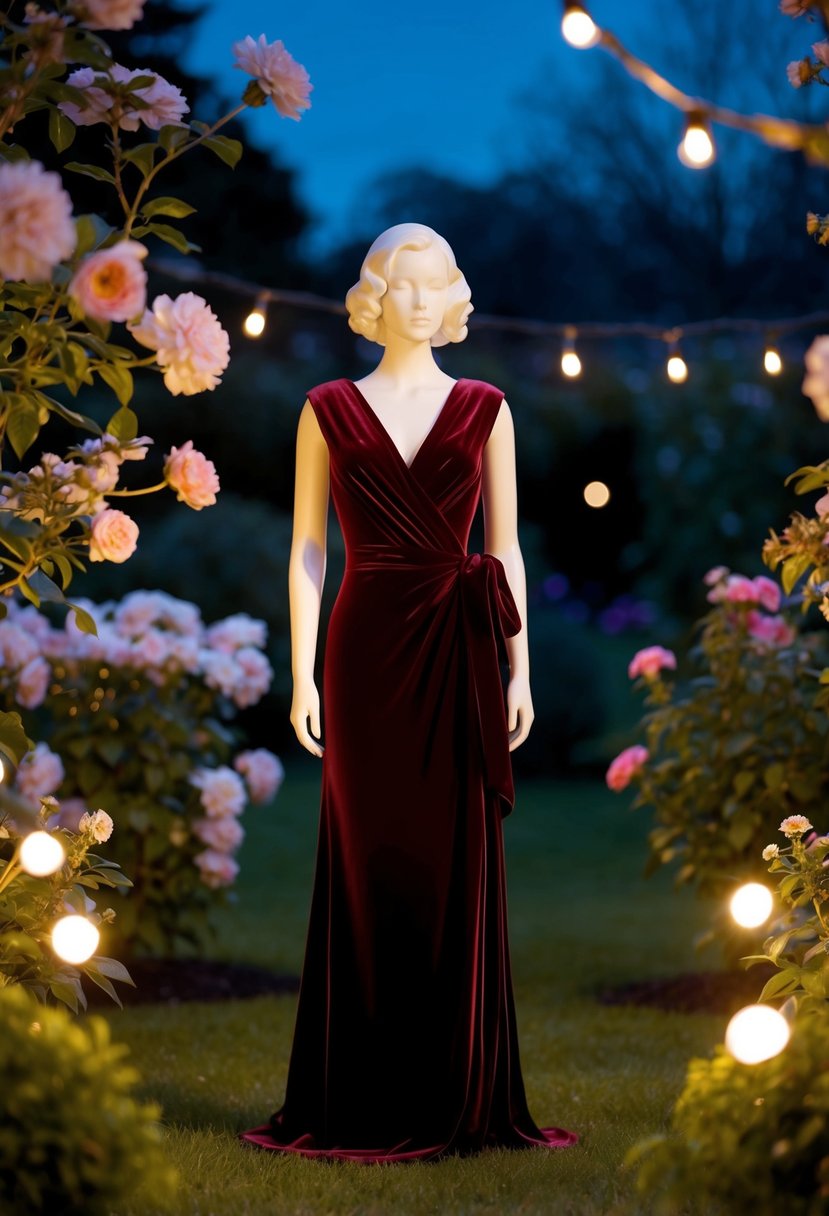 A figure in a velvet wrap gown stands in a moonlit garden, surrounded by blooming flowers and twinkling lights