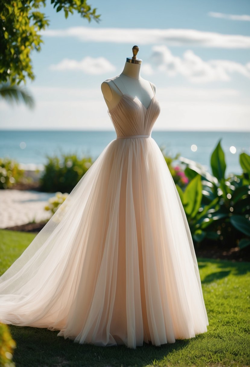 A flowing tulle dress billows in the breeze, set against a backdrop of a lush garden or a romantic beach setting