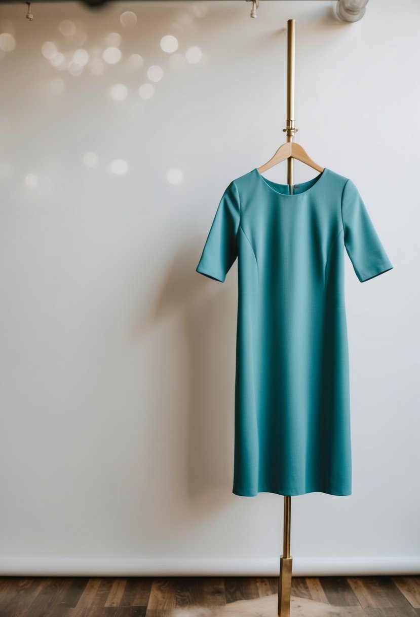 A simple, modern shift dress against a blank backdrop