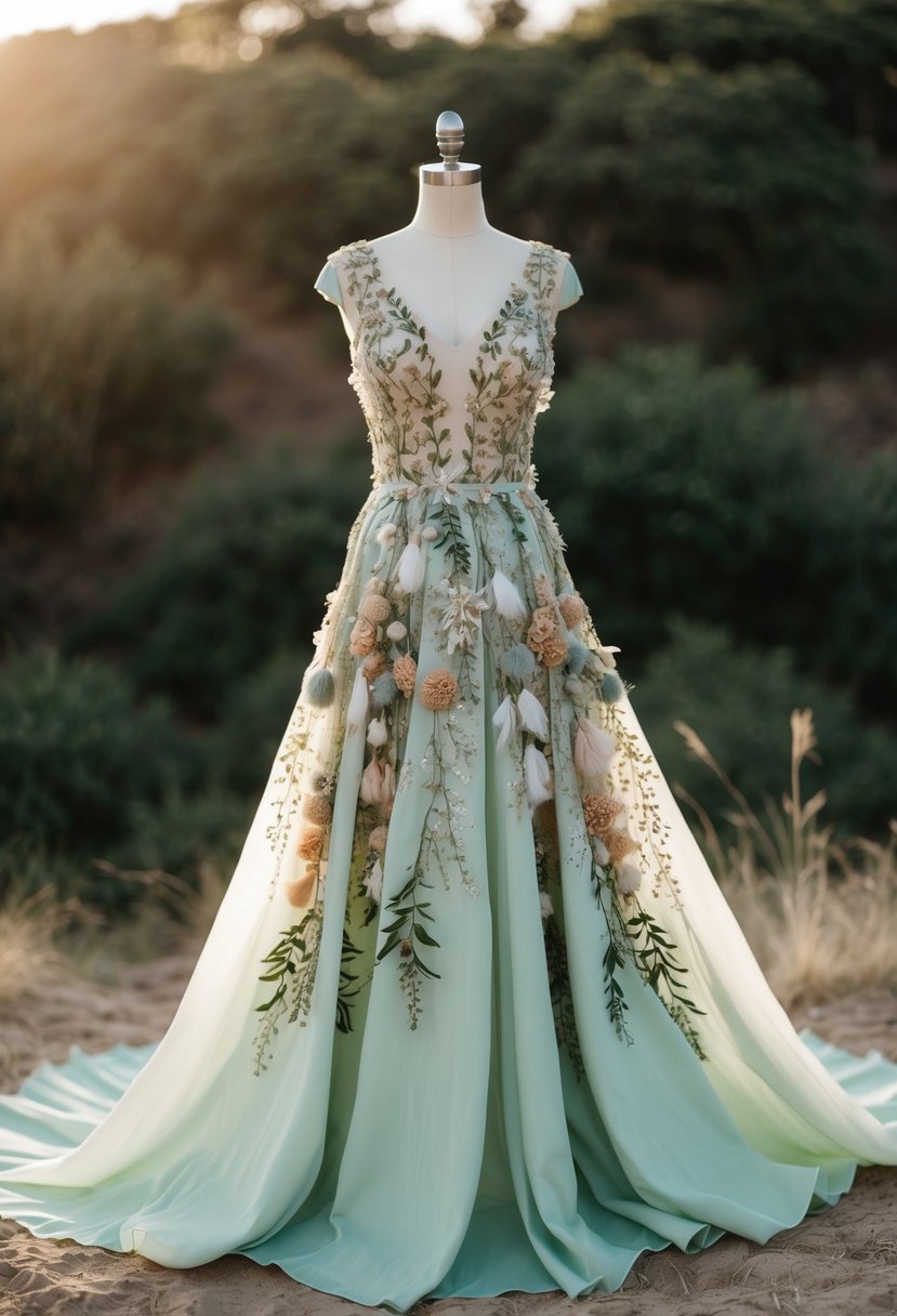 A flowing gown made of sustainable, organic materials, adorned with intricate floral patterns and ethereal details, set against a natural backdrop