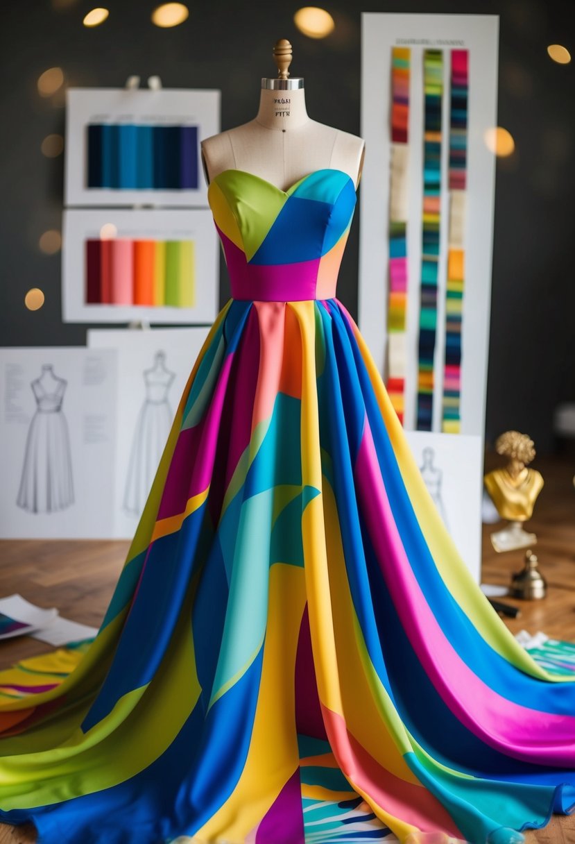 A flowing, colorful custom print dress on a mannequin, surrounded by sketches and fabric swatches