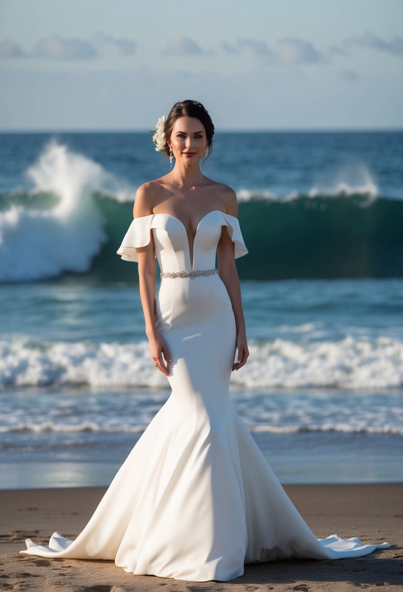 A bride standing on a beach, wearing a flowing off-shoulder mermaid wedding dress, with the ocean waves crashing in the background