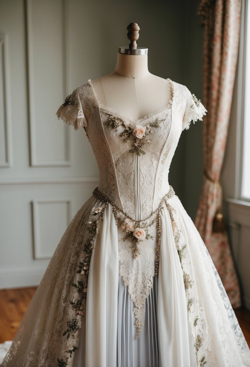 A Victorian lace gown drapes over a vintage dress form, adorned with delicate floral details and intricate beading