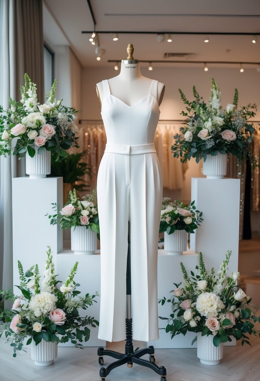 A modern bridal pantsuit displayed on a mannequin, surrounded by elegant accessories and floral arrangements in a chic boutique setting