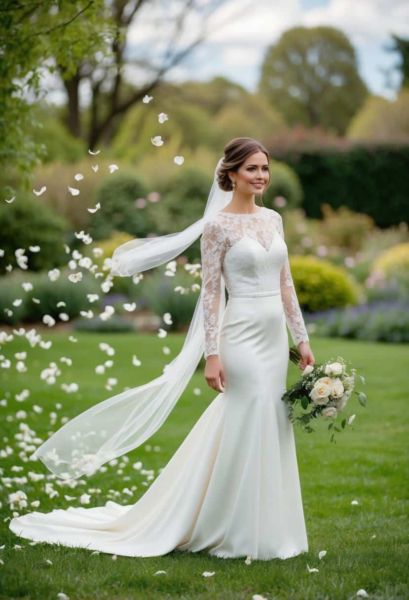 A bride stands in a garden, her lace sleeves flowing in the breeze, as delicate petals fall around her