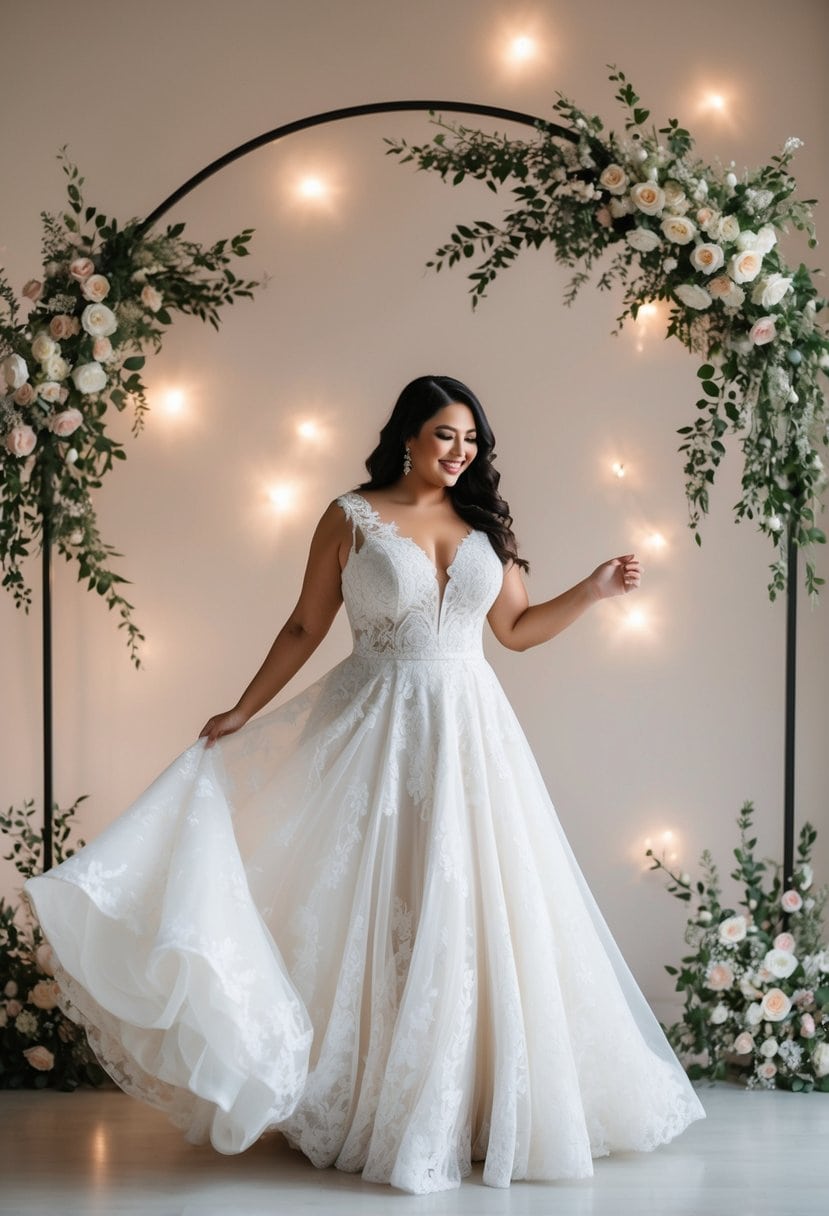 A curvy bride twirls in a flowing A-line lace gown, surrounded by delicate floral accents and soft, romantic lighting