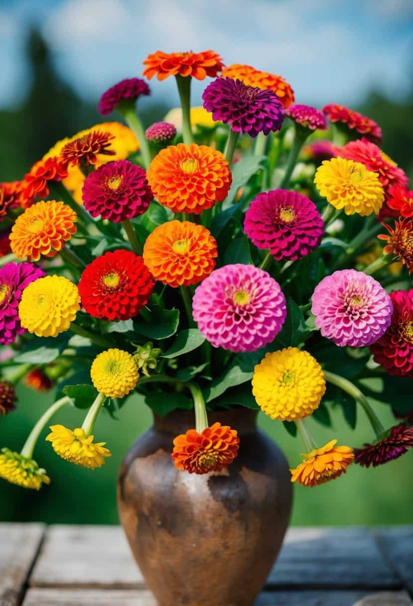 A vibrant array of zinnias in various sizes and colors overflowing from a rustic vase, creating a lively and cheerful wedding bouquet