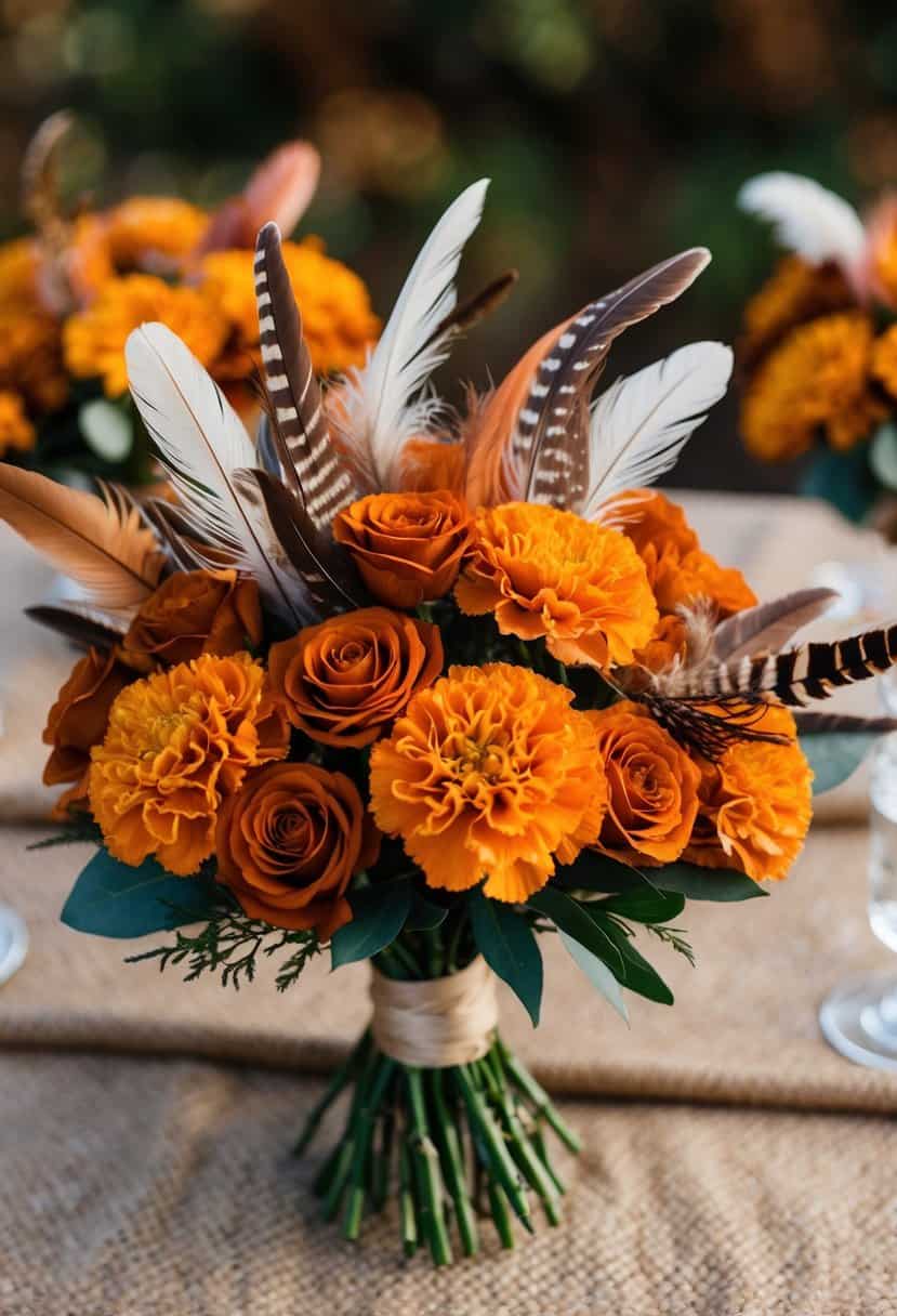 A bouquet of burnt sienna carnations and feathers arranged in an autumn-themed wedding setting