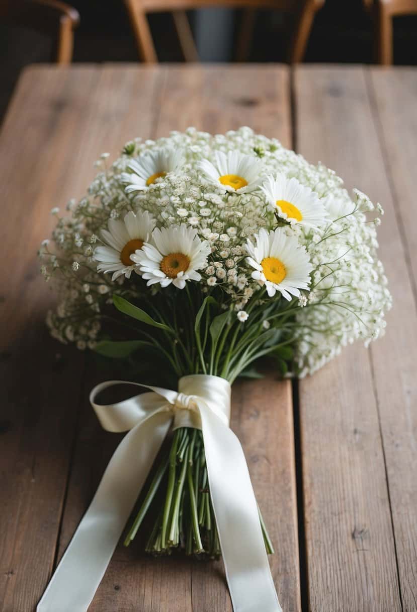 A delicate wedding bouquet of baby's breath and daisies, tied with a satin ribbon, sitting on a rustic wooden table