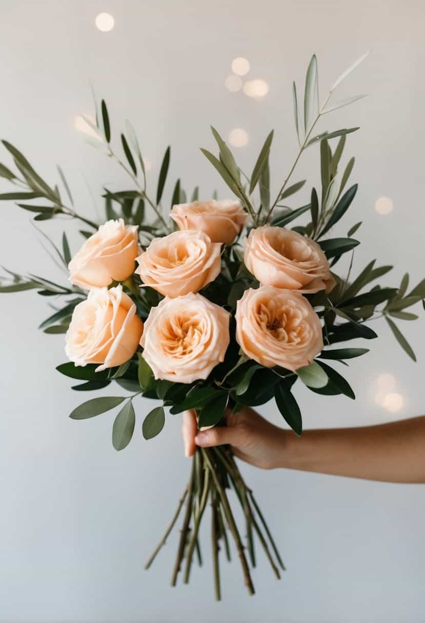 A simple bouquet of peach roses and olive branches arranged in a minimalist style