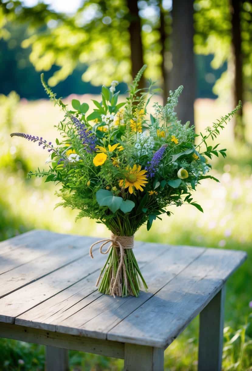 A lush bouquet of wildflowers and greenery, tied with twine, sits on a weathered wooden table in a sun-dappled forest clearing