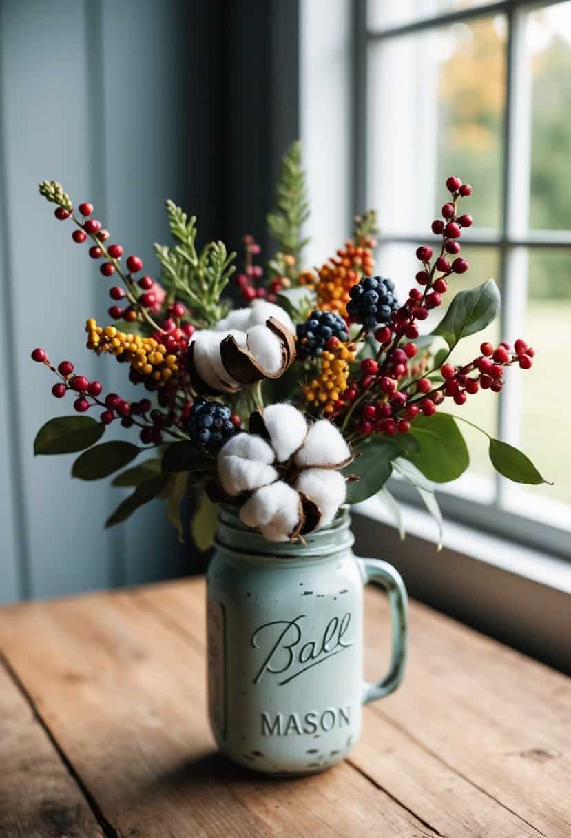 A rustic wedding bouquet with berry and cotton stems nestled in a vintage mason jar