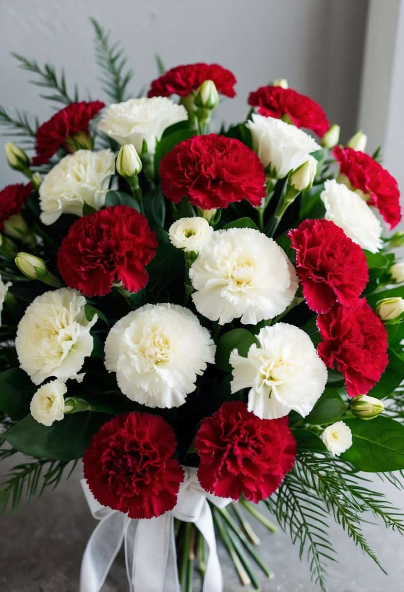 A lush bouquet of red and white carnations arranged in a romantic and elegant style, with greenery and delicate ribbon accents