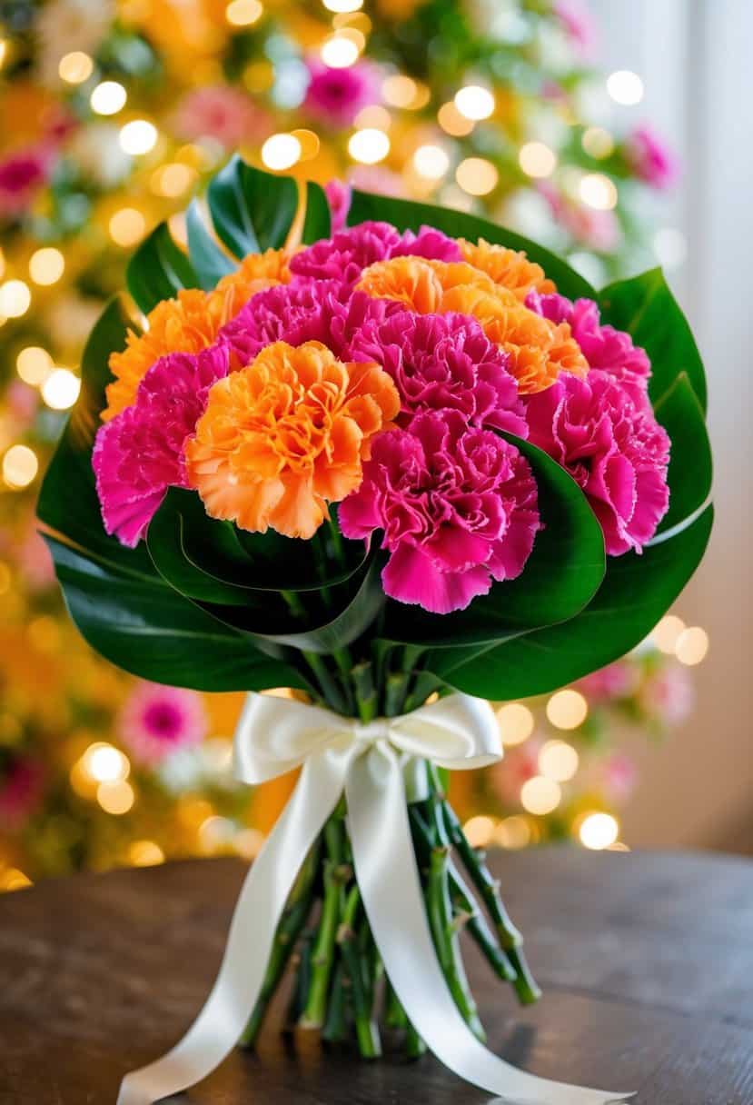A vibrant bouquet of tropical punch carnations, accented with lush greenery and tied with a satin ribbon