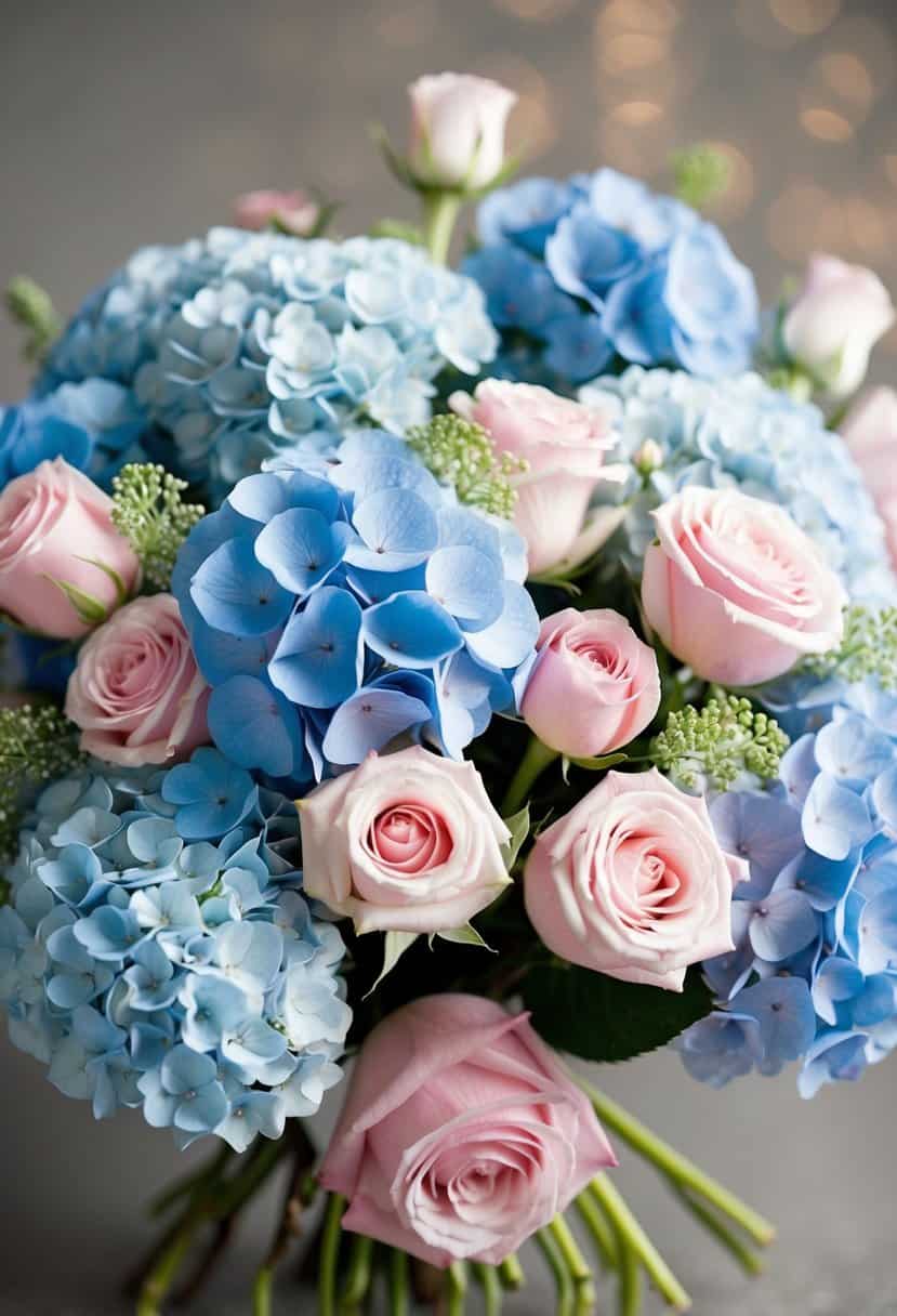 A delicate bouquet of pastel blue hydrangeas and pink roses arranged in a flowing, natural style