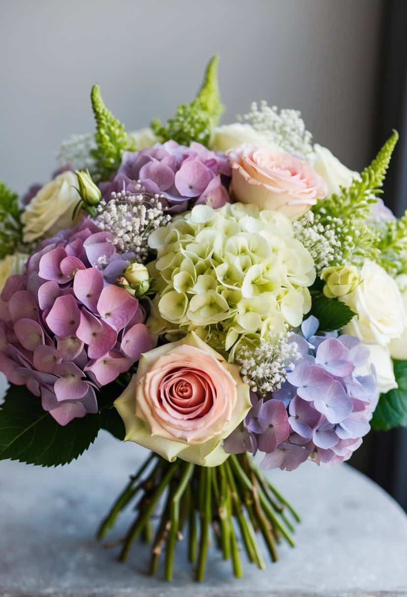 A lush bouquet of hydrangeas and roses with delicate baby's breath accents