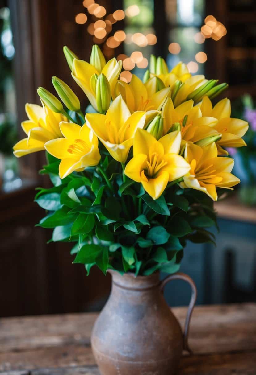 A vibrant bouquet of cheery yellow freesias in a rustic vase
