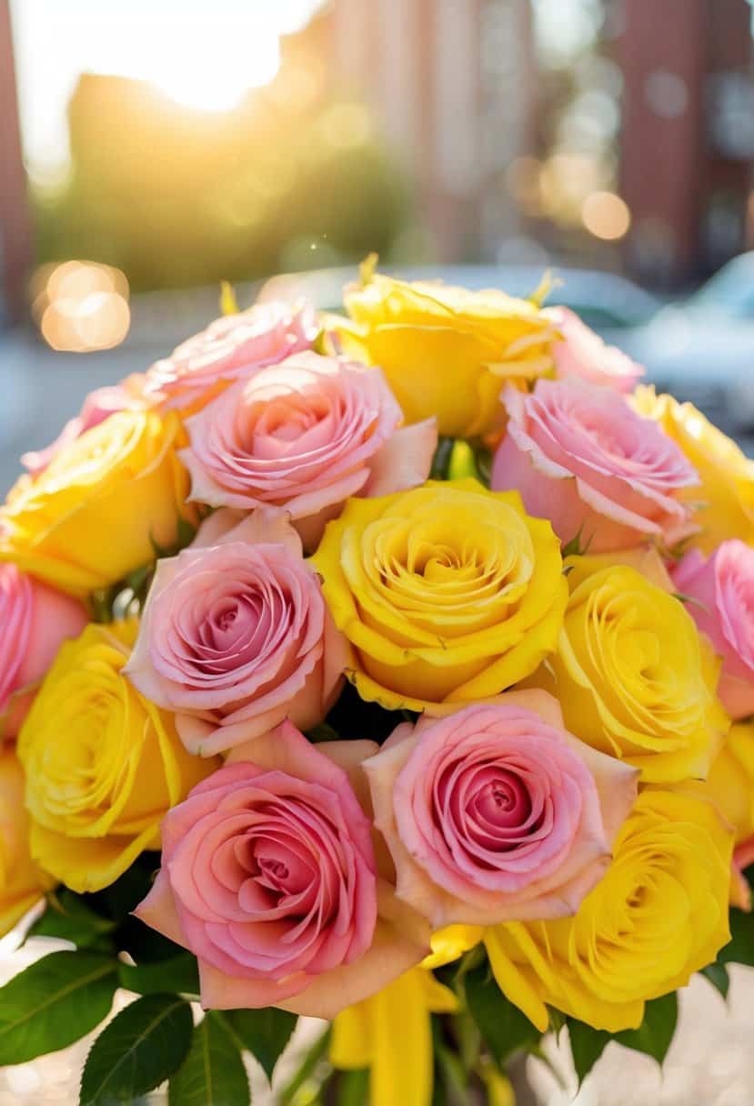 A vibrant bouquet of yellow and pink blush roses basking in the warm sunshine
