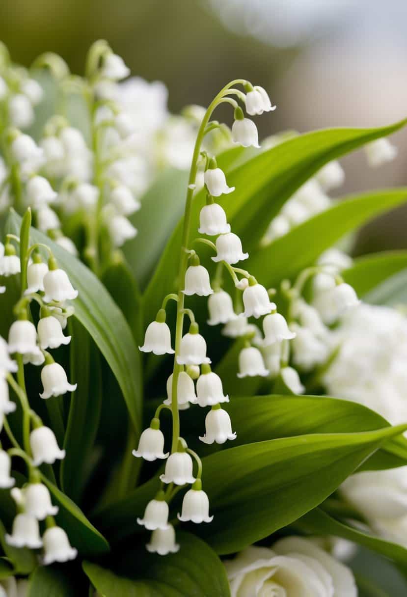 A delicate cascade of Lily of the Valley blooms in an all-white wedding bouquet