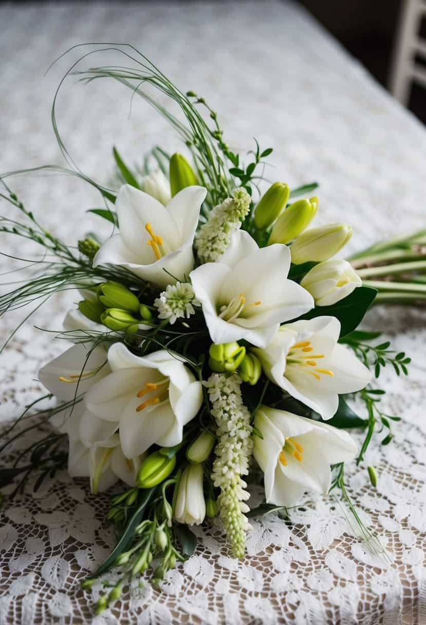A delicate bouquet of white freesias and alstroemerias, intertwined with wispy greenery, resting on a lace tablecloth