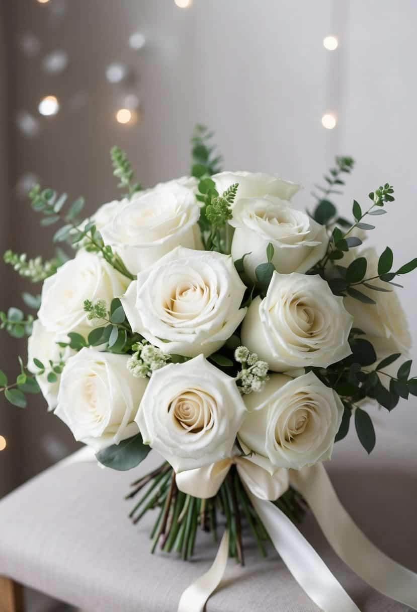 A pristine white rose bouquet arranged with delicate greenery and soft ivory ribbons
