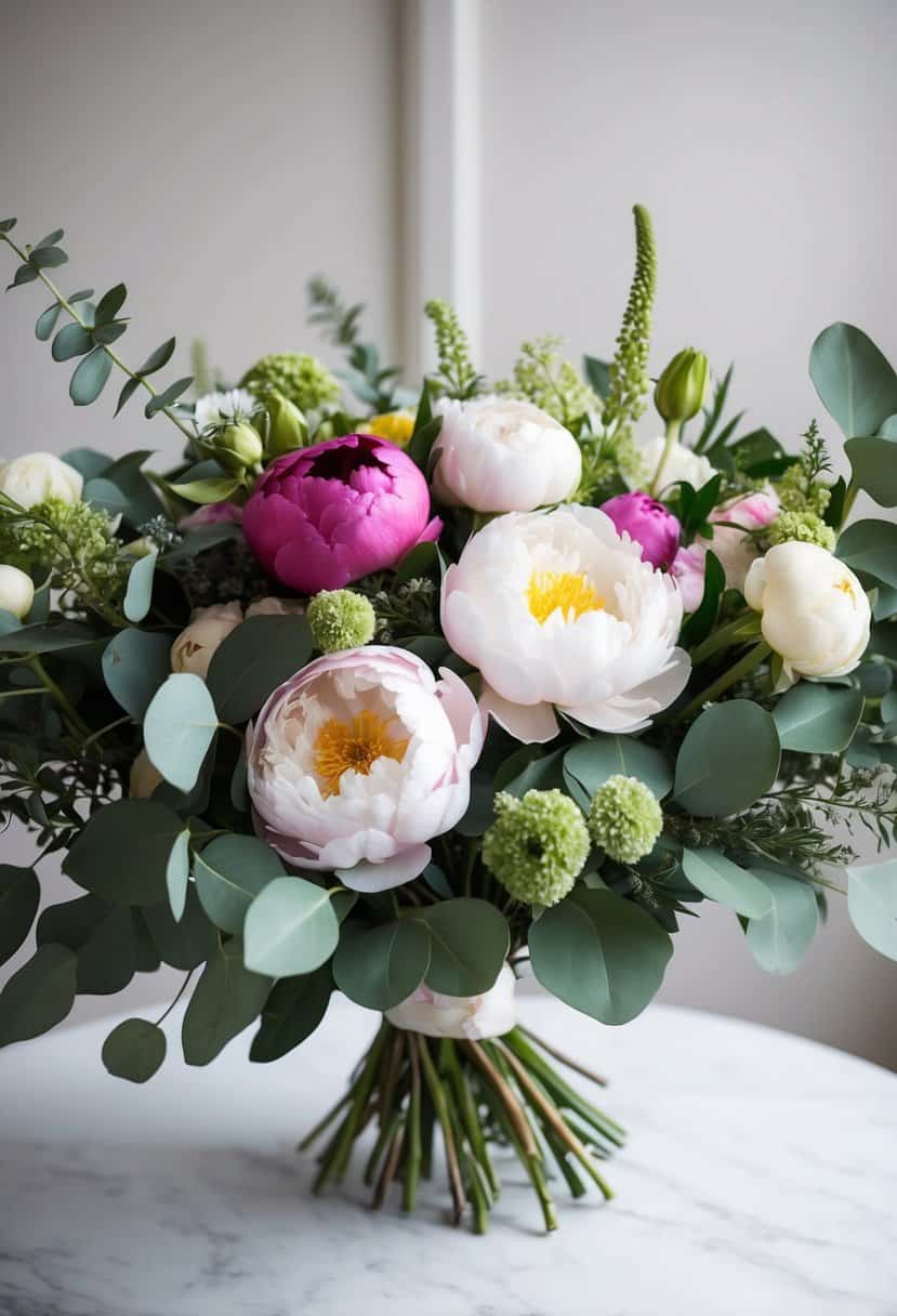 A lush bouquet of peonies, ranunculus, and eucalyptus arranged in a sophisticated and elegant manner